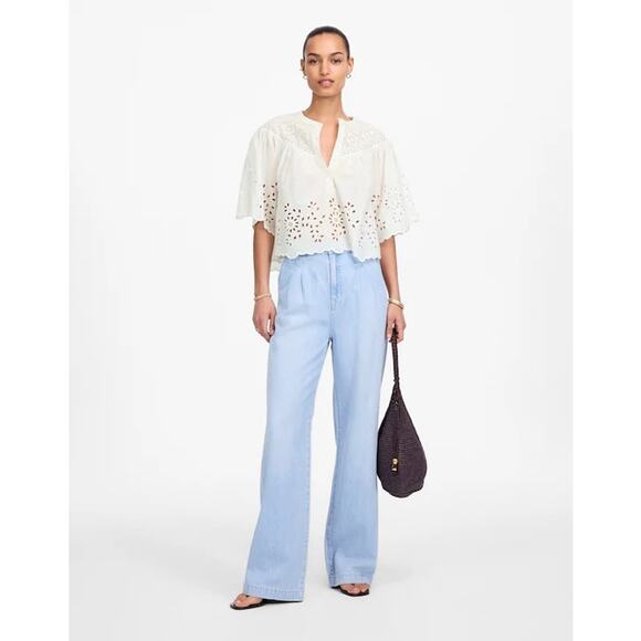 Madewell White Embroidered Shirred Henley Eyelet Top NWT Size S - Picture 4 of 9